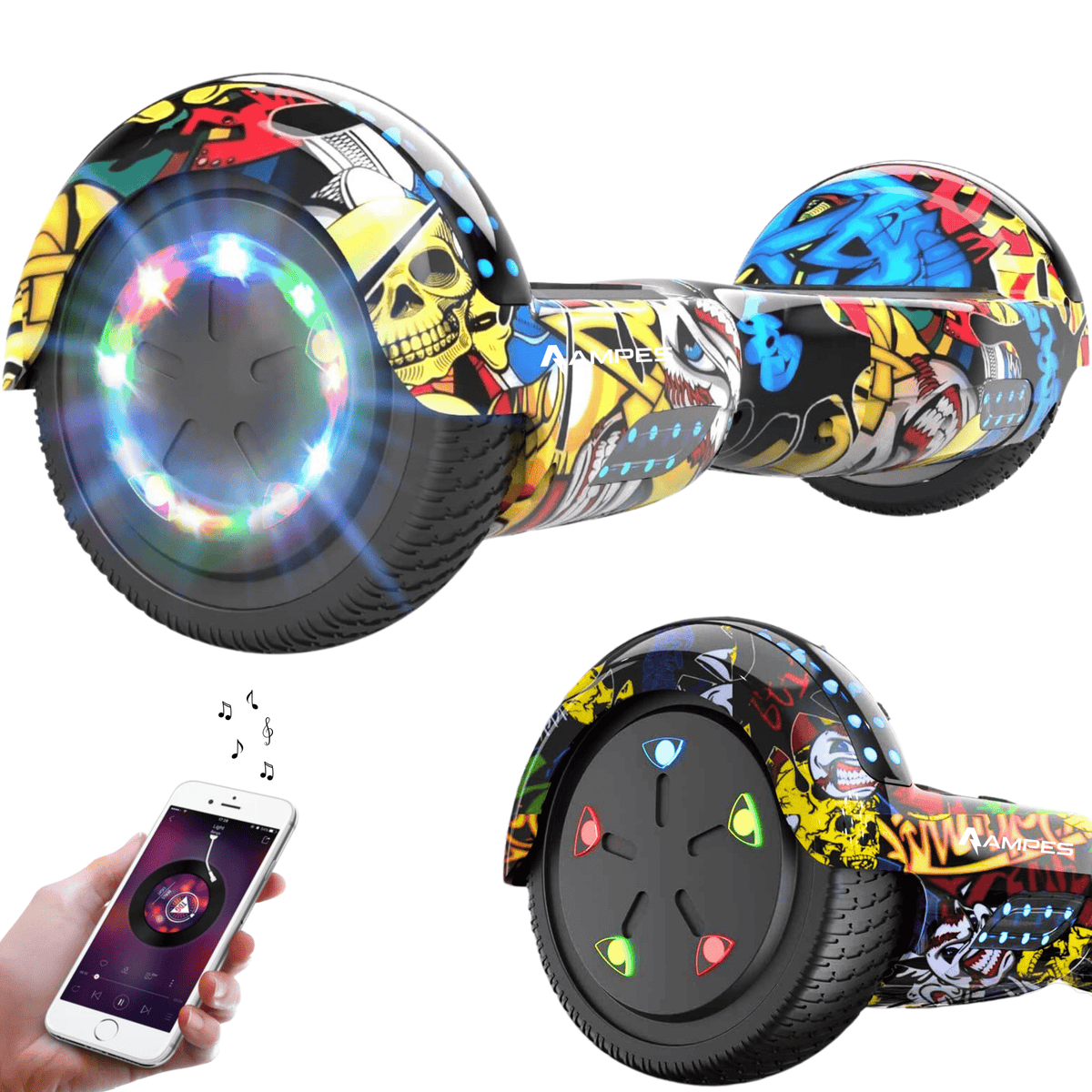 Hoverboard 6,5 pollici Hip Hop – due viste delle ruote LED e smartphone per l'altoparlante Bluetooth