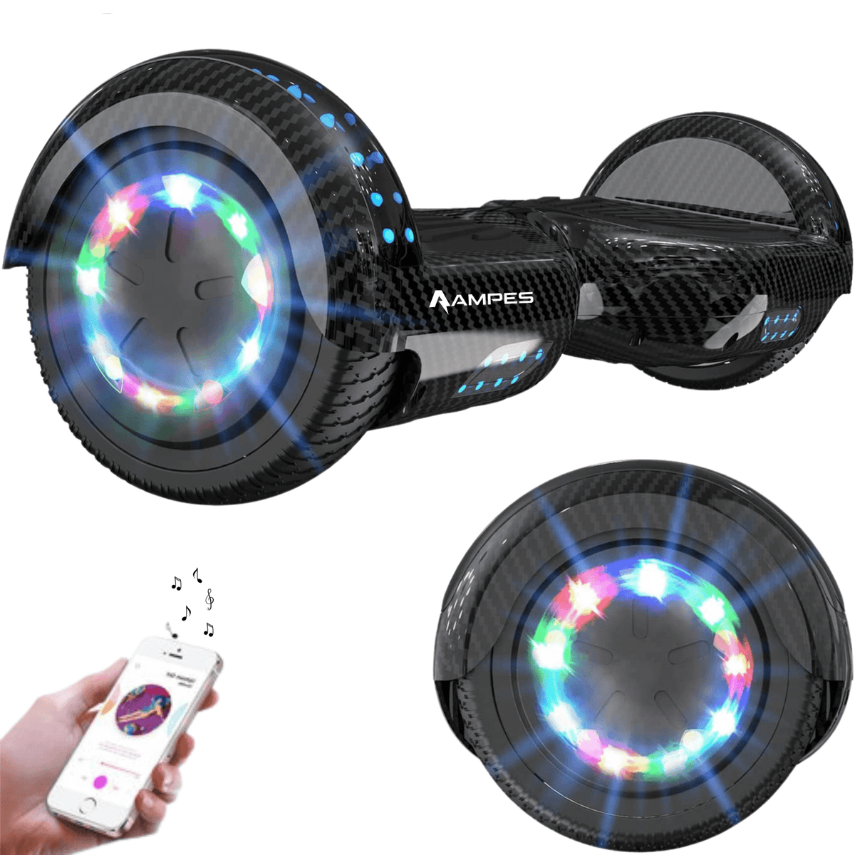 Hoverboard 6,5 pollici Carbonio – vista di tre quarti con ruote LED, dettaglio della ruota e smartphone con app musicale