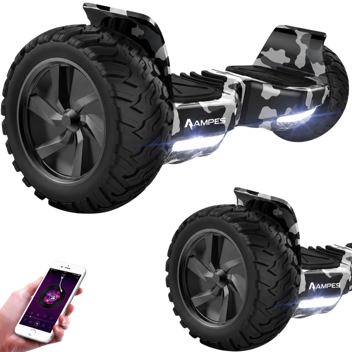 Hoverboard fuoristrada 8,5 pollici Mimetico – vista rialzata, dettaglio della ruota e smartphone con app musicale