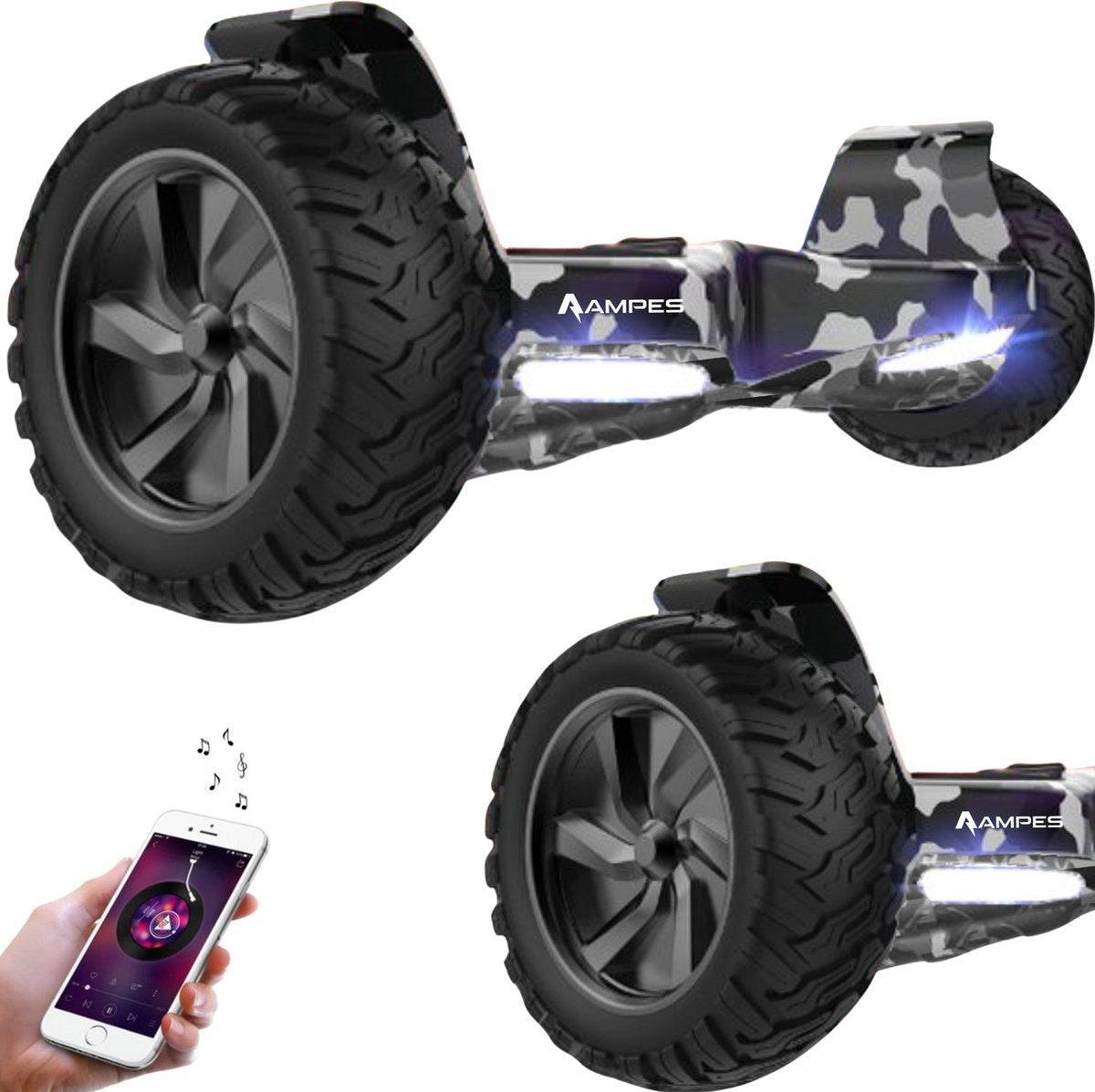 Hoverboard fuoristrada 8,5 pollici Mimetico – vista di tre quarti, dettaglio della ruota e smartphone con app musicale