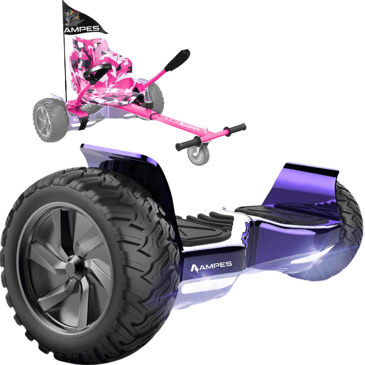 Hoverboard fuoristrada con sedile 8,5 pollici Viola Cromato + kart Rosa – vista completa del set