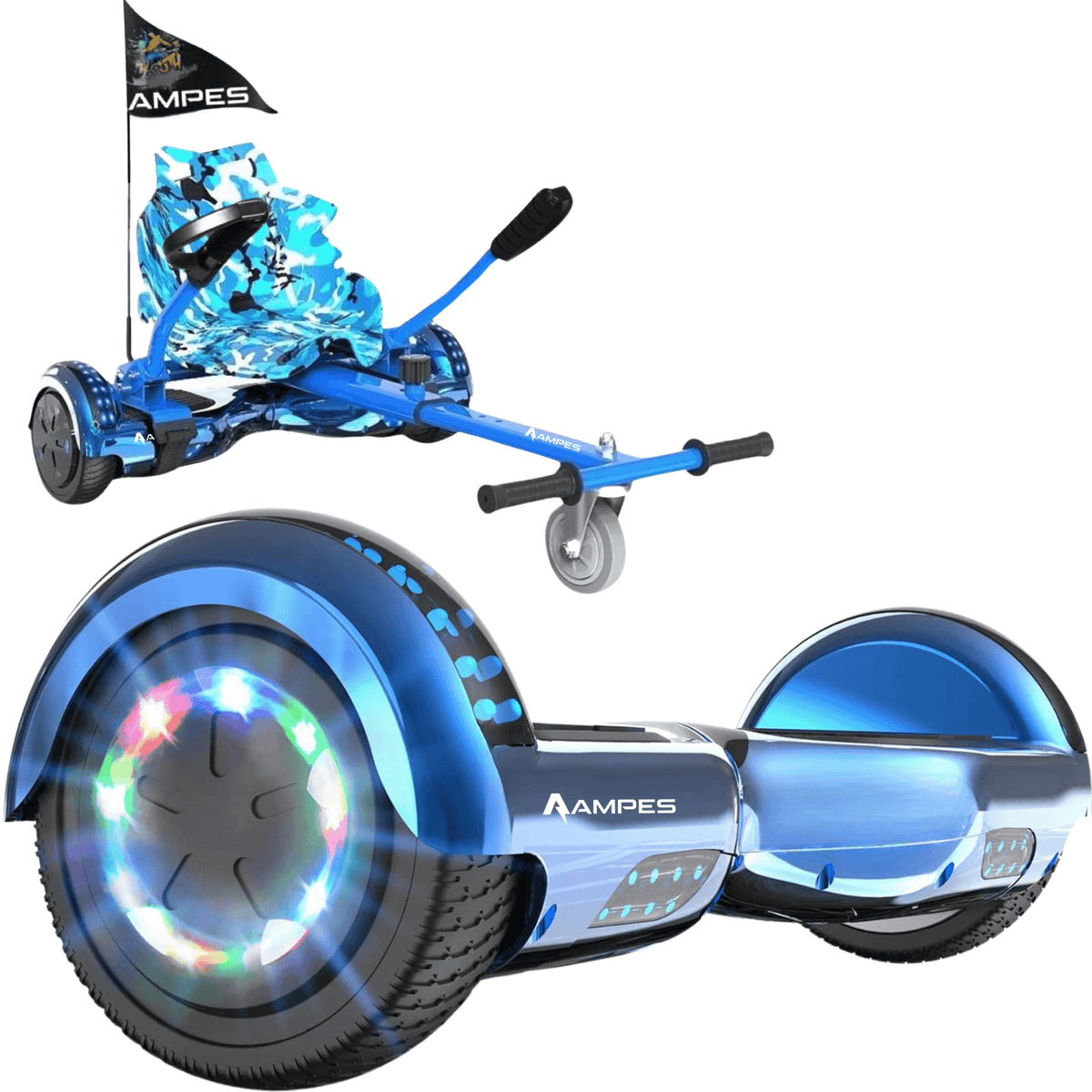 Hoverboard con sedile 6,5 pollici Blu Cromato + kart Blu – hoverboard e kart blu con sedile a stampa mimetica blu