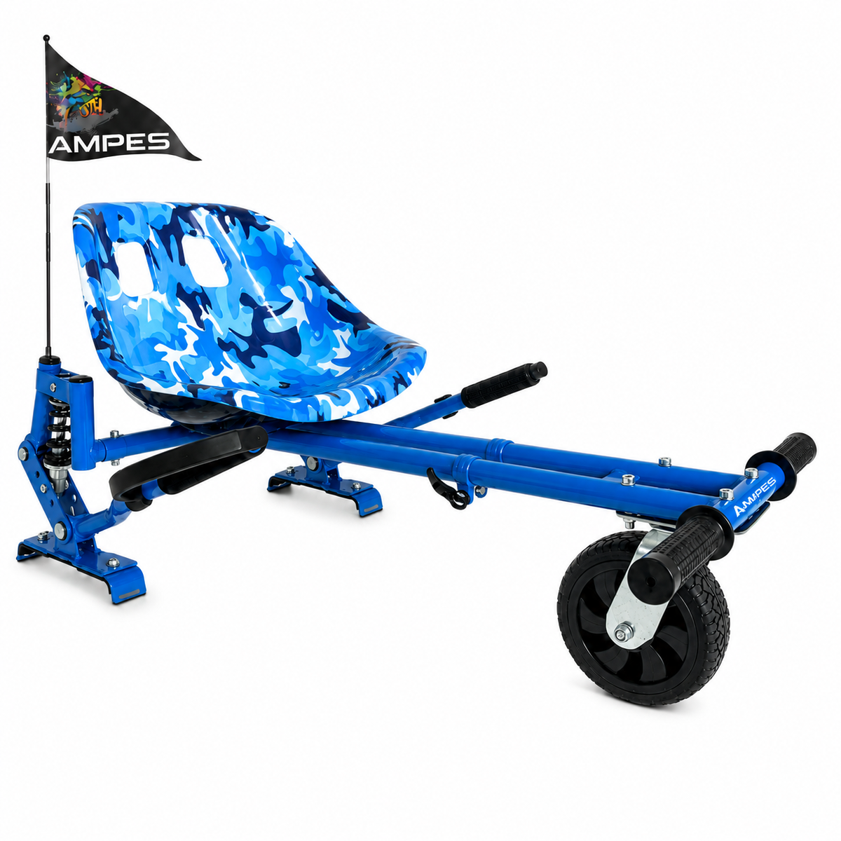 Kart per hoverboard Blu con ammortizzatori – vista frontale di tre quarti, sedile mimetico blu e ammortizzatore