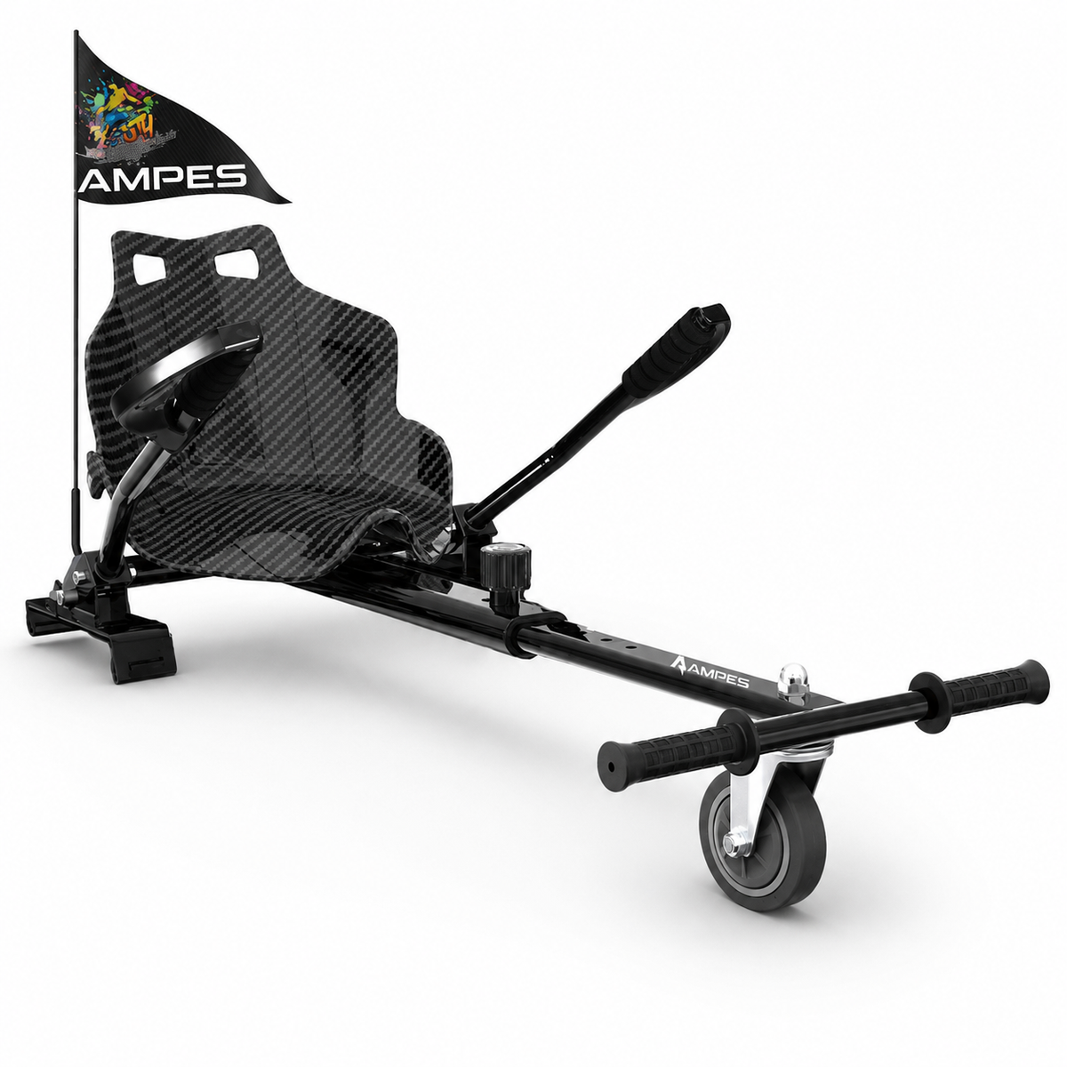 Kart per hoverboard Carbonio – vista frontale di tre quarti con sedile effetto carbonio, telaio nero e leve di guida