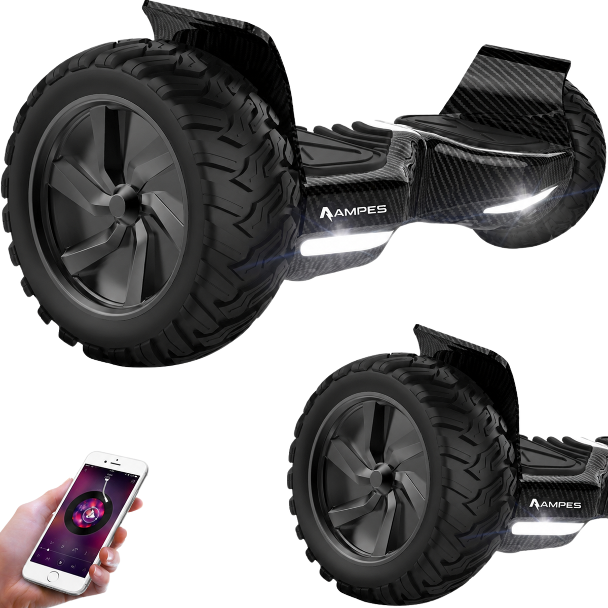Hoverboard fuoristrada 8,5 pollici Carbonio – due viste con pneumatici fuoristrada e luci LED