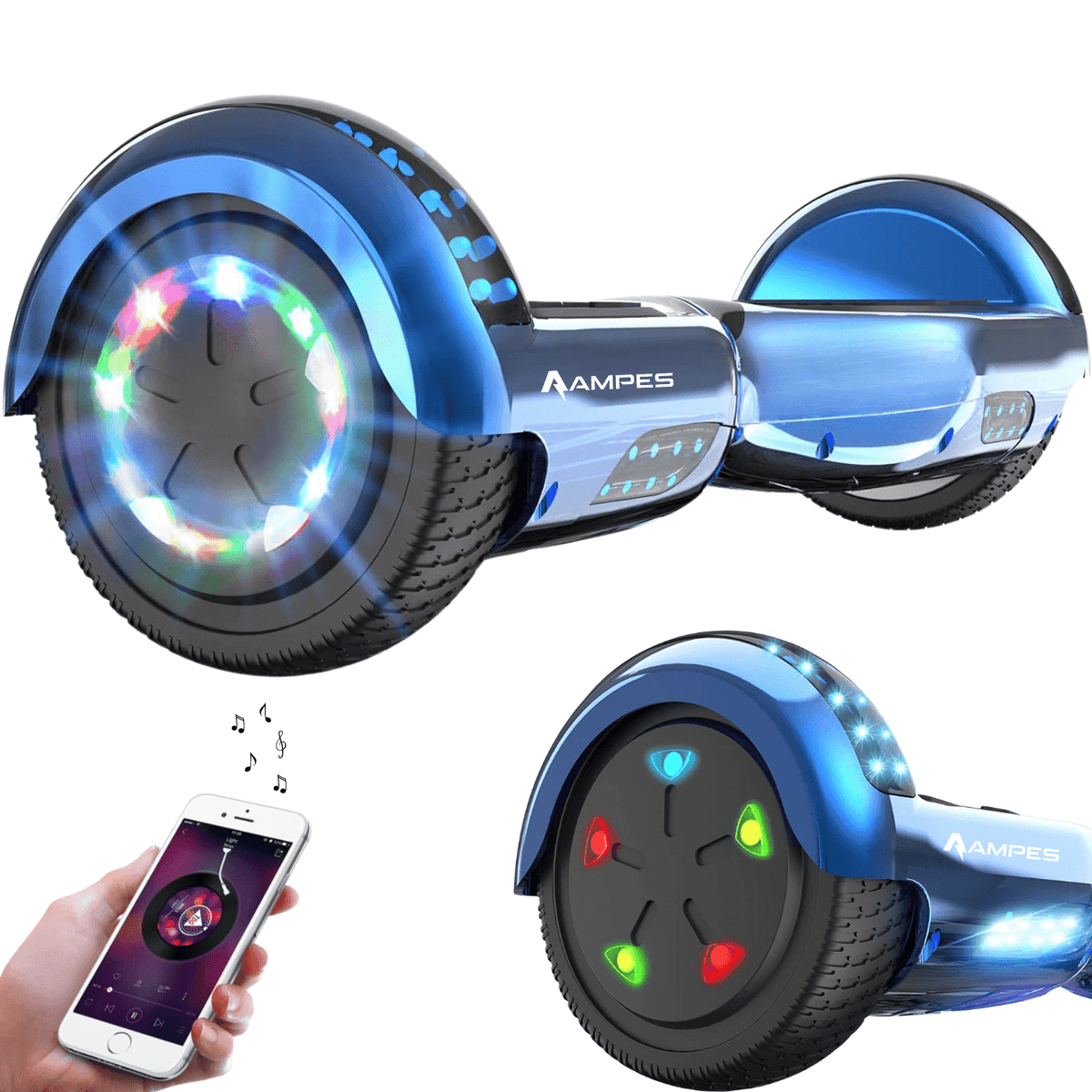 Hoverboard 6,5 pollici Blu Cromato – vista di tre quarti con ruote LED, dettaglio della ruota e smartphone con app musicale