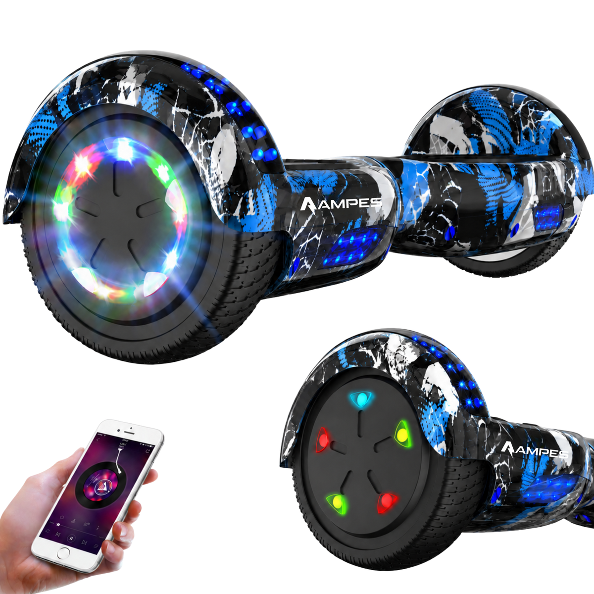 Hoverboard 6,5 pollici Graffiti Blu – vista di tre quarti con ruote LED, dettaglio della ruota e smartphone con app musicale