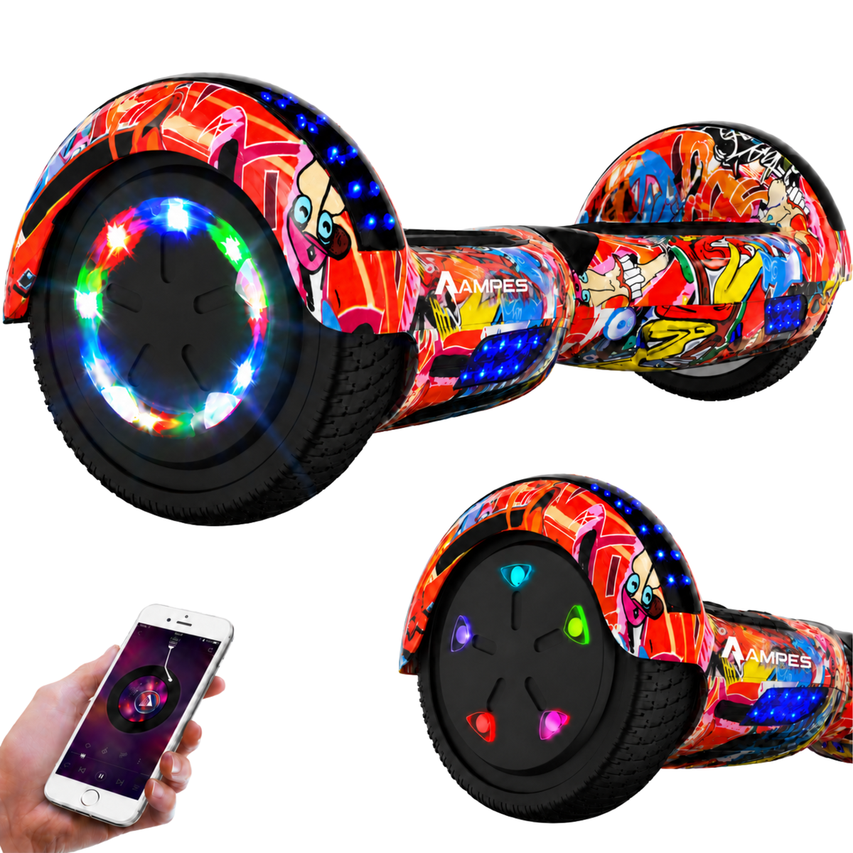 Hoverboard 6,5 pollici Graffiti – vista di tre quarti con ruote LED, dettaglio della ruota e smartphone con app musicale