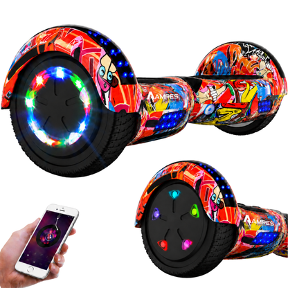 Hoverboard 6,5 pollici Graffiti – vista di tre quarti con ruote LED, dettaglio della ruota e smartphone con app musicale
