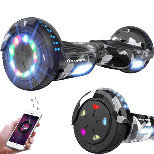 Hoverboard 6,5 pollici Mimetico – vista di tre quarti con ruote LED, dettaglio della ruota e smartphone con app musicale