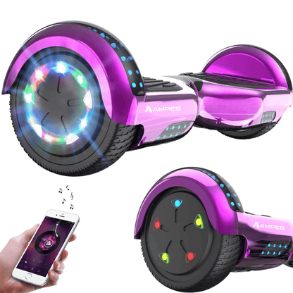 Hoverboard 6,5 pollici Rosa Cromato – vista di tre quarti con ruote LED, dettaglio della ruota e smartphone con app musicale