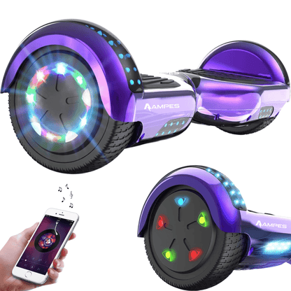 Hoverboard 6,5 pollici Viola Cromato – vista di tre quarti con ruote LED, dettaglio della ruota e smartphone con app musicale