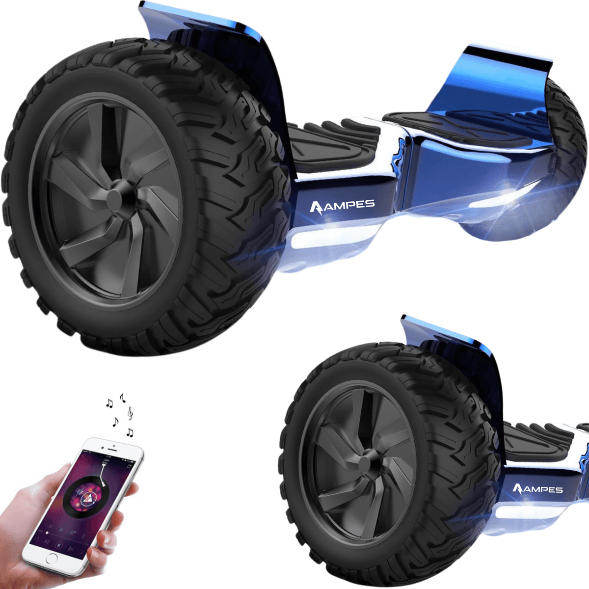 Hoverboard fuoristrada 8,5 pollici Blu Cromato – vista di tre quarti, dettaglio della ruota e smartphone con app musicale