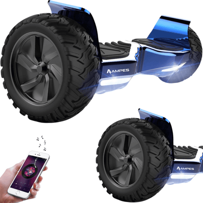 Hoverboard fuoristrada 8,5 pollici Blu Cromato – vista di tre quarti, dettaglio della ruota e smartphone con app musicale