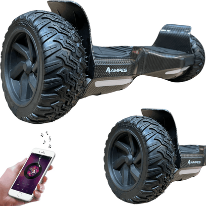 Hoverboard fuoristrada 8,5 pollici Carbonio – vista di tre quarti, dettaglio della ruota e smartphone con app musicale