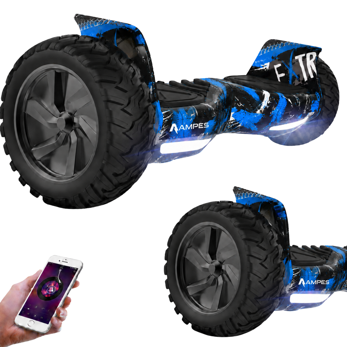 Hoverboard fuoristrada 8,5 pollici Graffiti Blu – vista di tre quarti, dettaglio della ruota e smartphone con app musicale