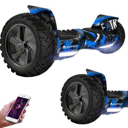 Hoverboard fuoristrada 8,5 pollici Graffiti Blu – vista di tre quarti, dettaglio della ruota e smartphone con app musicale