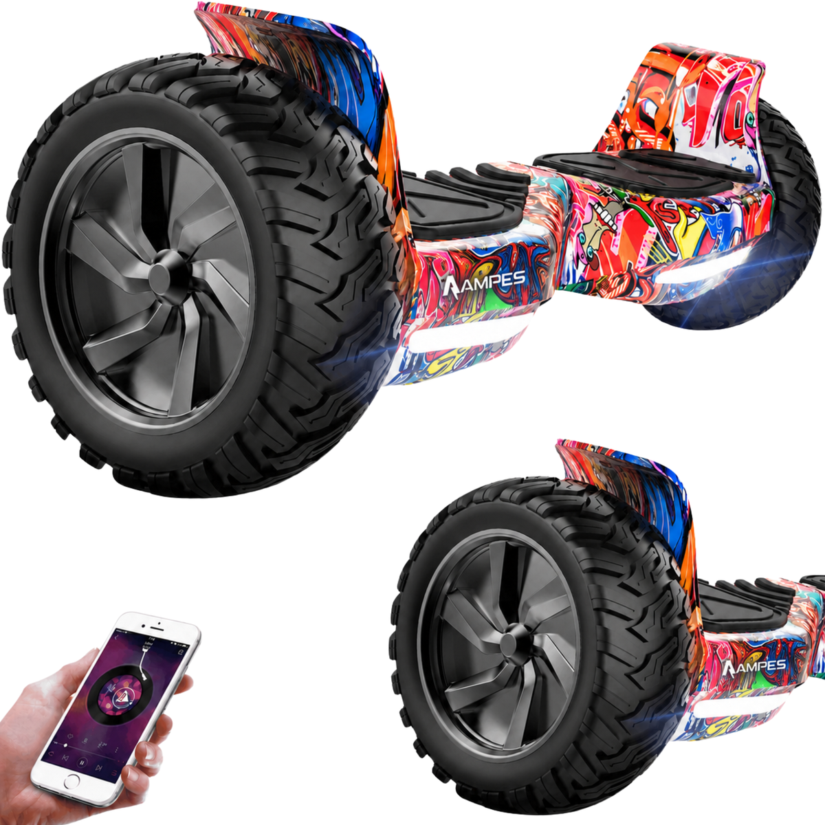 Hoverboard fuoristrada 8,5 pollici Graffiti – vista di tre quarti, dettaglio della ruota e smartphone con app musicale