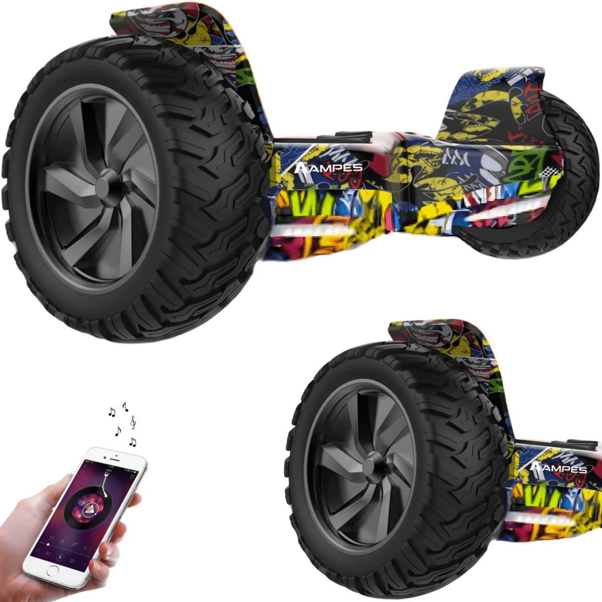Hoverboard fuoristrada 8,5 pollici Hip Hop – vista di tre quarti, dettaglio della ruota e smartphone con app musicale