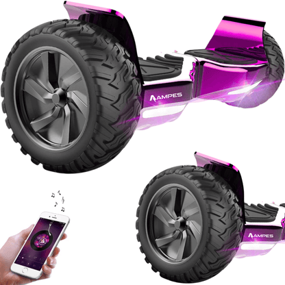 Hoverboard fuoristrada 8,5 pollici Rosa Cromato – vista di tre quarti, dettaglio della ruota e smartphone con app musicale