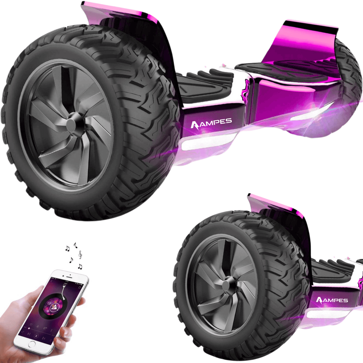 Hoverboard fuoristrada 8,5 pollici Rosa Cromato – vista di tre quarti, dettaglio della ruota e smartphone con app musicale