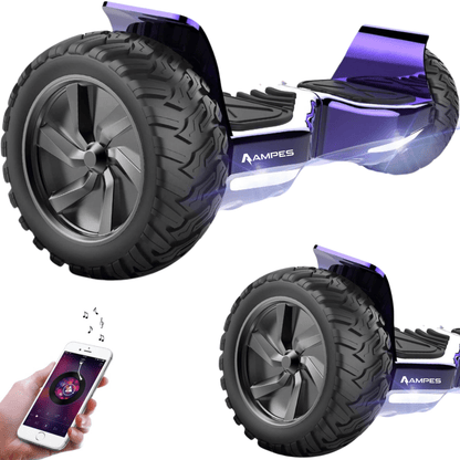 Hoverboard fuoristrada 8,5 pollici Viola Cromato – vista di tre quarti, dettaglio della ruota e smartphone con app musicale