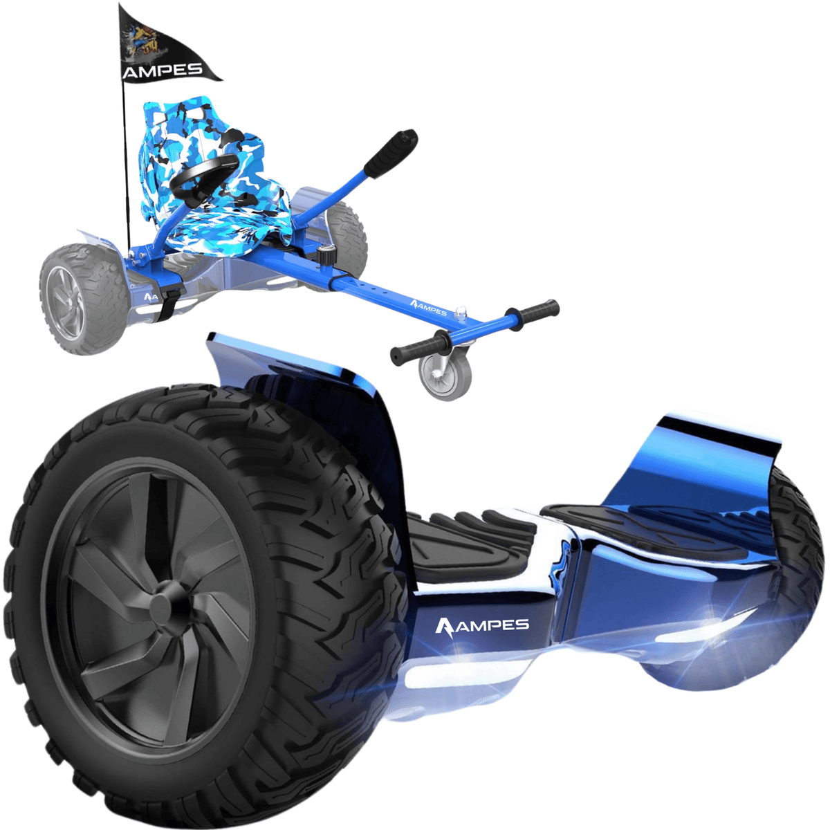 Hoverboard fuoristrada con sedile 8,5 pollici Blu Cromato + kart Blu – vista completa del set