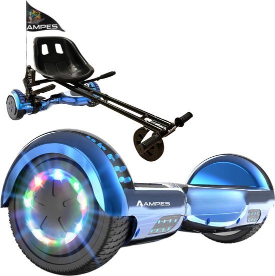 Hoverboard con sedile 6,5 pollici Blu Cromato + kart con ammortizzatori – hoverboard da solo e montato nel kart nero