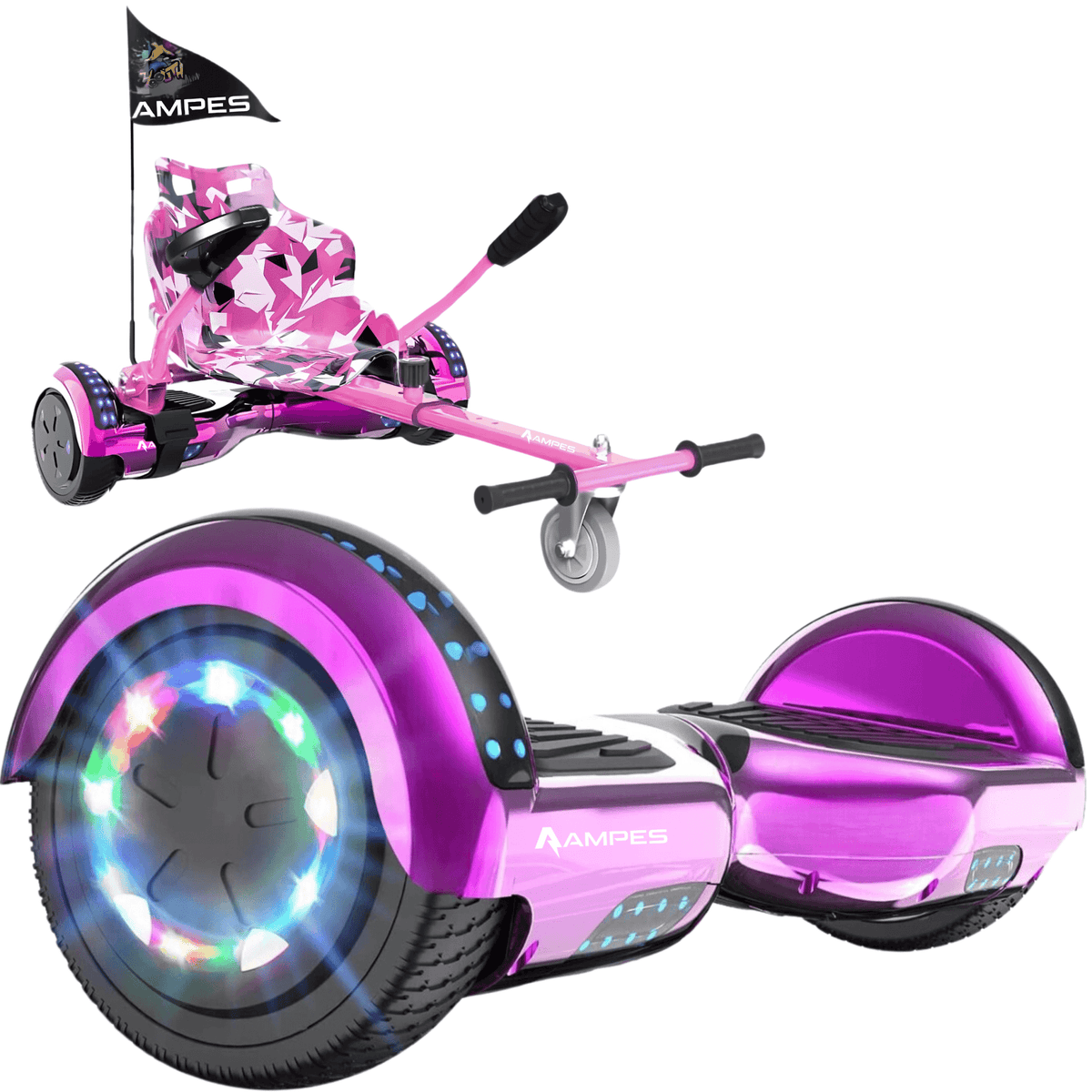 Hoverboard con sedile 6,5 pollici Rosa Cromato + kart Rosa – hoverboard e kart rosa con sedile a stampa mimetica rosa