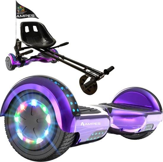 Hoverboard con sedile 6,5 pollici Viola Cromato + kart con ammortizzatori – hoverboard da solo e montato nel kart nero