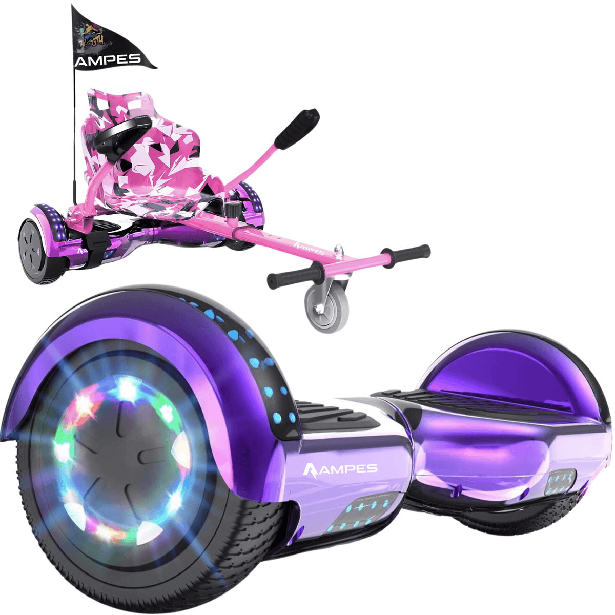 Hoverboard con sedile 6,5 pollici Viola Cromato + kart Rosa – hoverboard viola e kart rosa con sedile a stampa mimetica rosa