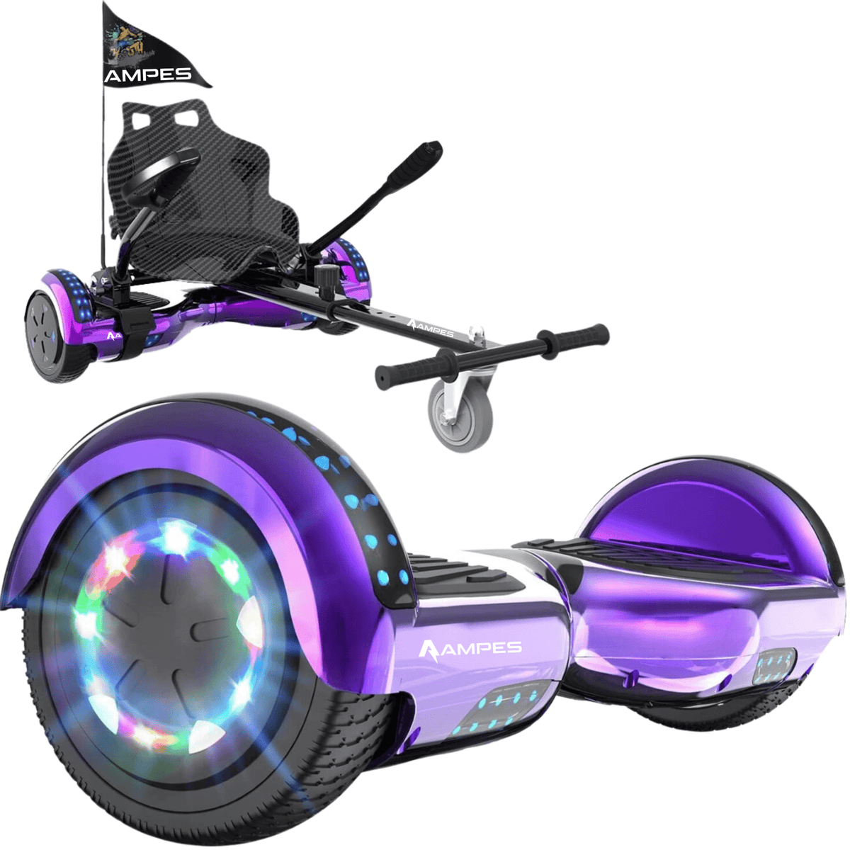 Hoverboard con sedile 6,5 pollici Viola Cromato + kart – hoverboard da solo e montato nel kart con sedile effetto carbonio