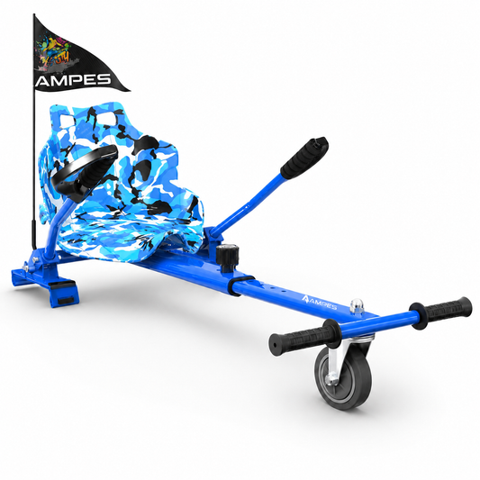 Kart per hoverboard Blu – vista frontale di tre quarti con telaio blu, sedile mimetico blu e leve di guida