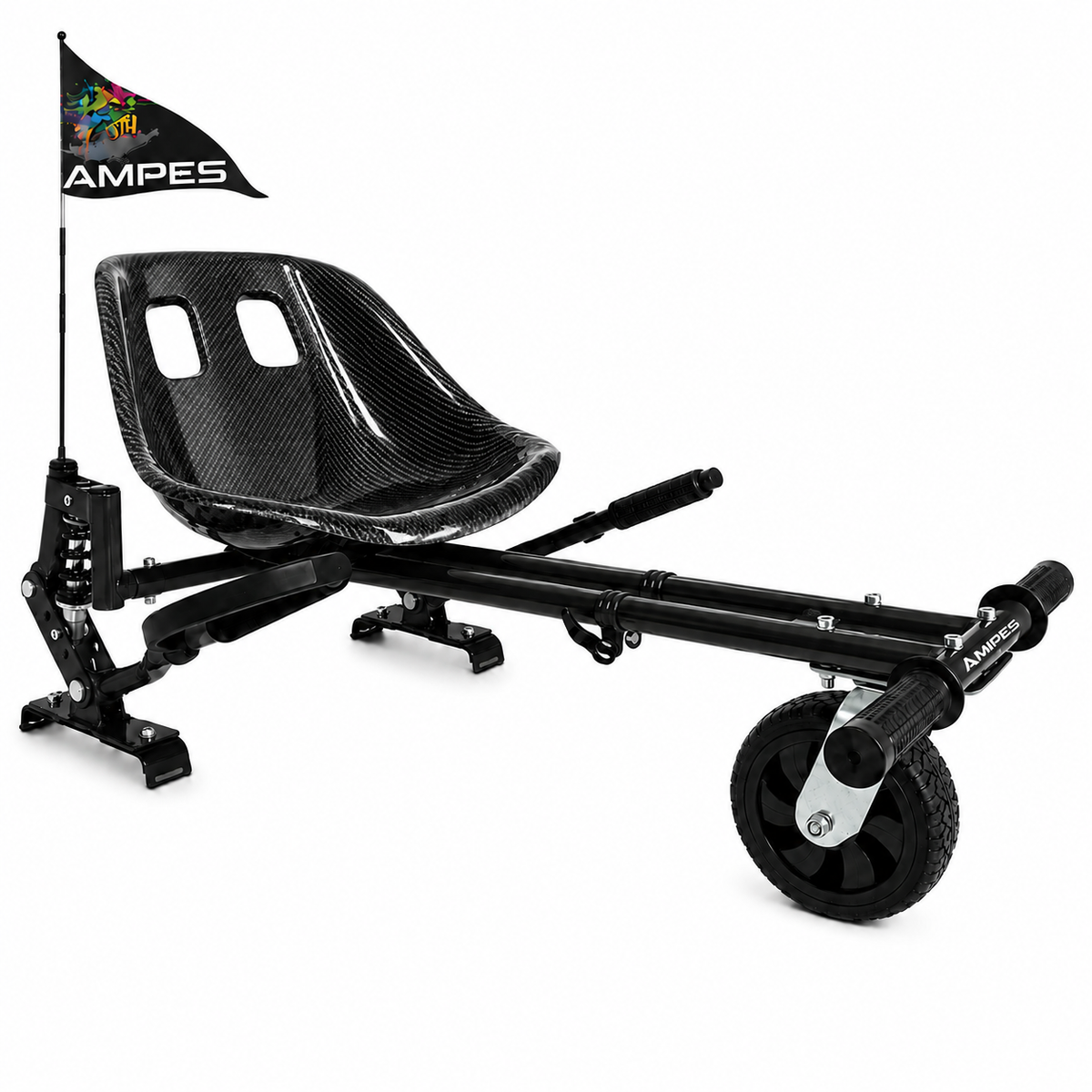 Kart per hoverboard Carbonio con ammortizzatori – vista frontale di tre quarti, sedile effetto carbonio e ammortizzatore