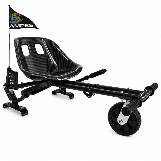 Kart per hoverboard Carbonio con ammortizzatori – vista frontale di tre quarti, sedile effetto carbonio e ammortizzatore
