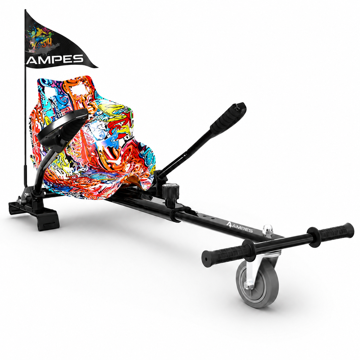 Kart per hoverboard Graffiti – vista frontale di tre quarti con sedile graffiti multicolore, telaio nero e leve di guida