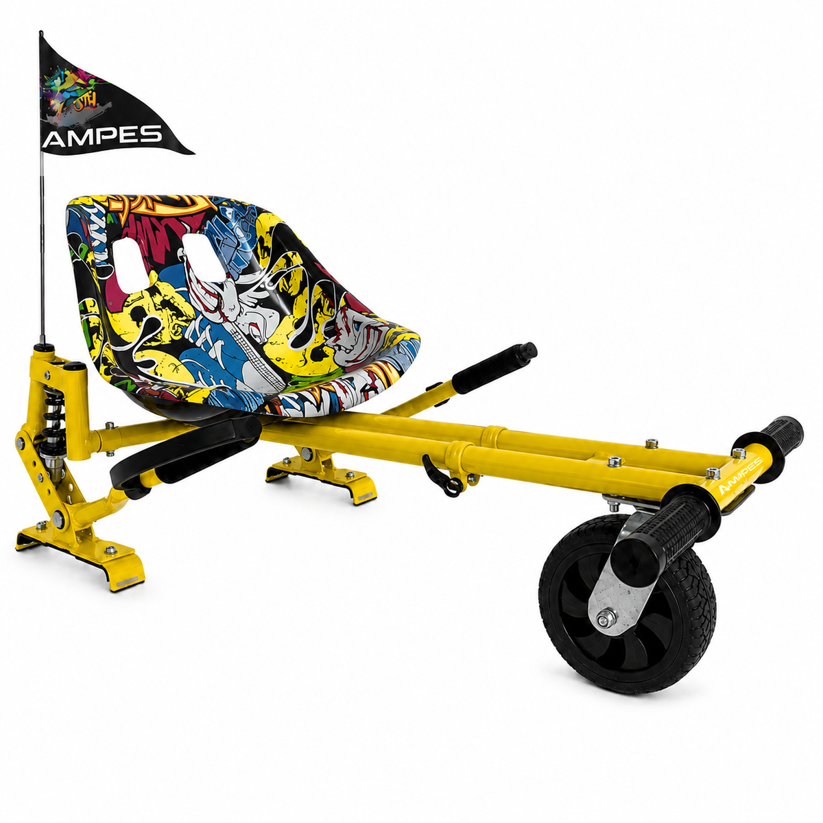 Kart per hoverboard Hip Hop con ammortizzatori – vista frontale di tre quarti, sedile multicolore e telaio giallo