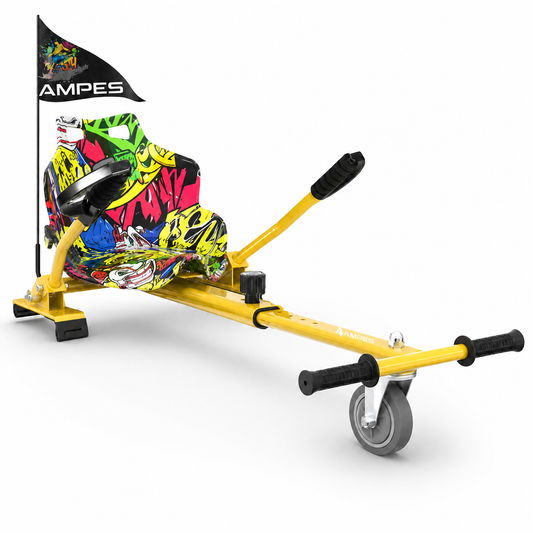 Kart per hoverboard Hip Hop – vista frontale di tre quarti con telaio giallo, sedile multicolore e leve di guida