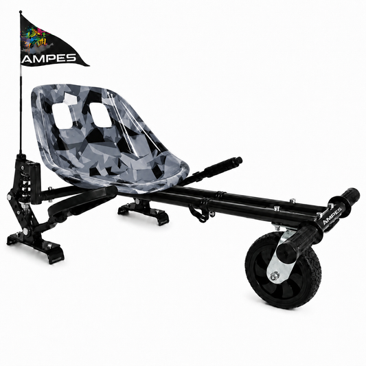 Kart per hoverboard Mimetico con ammortizzatori – vista frontale di tre quarti, sedile mimetico grigio e ammortizzatore