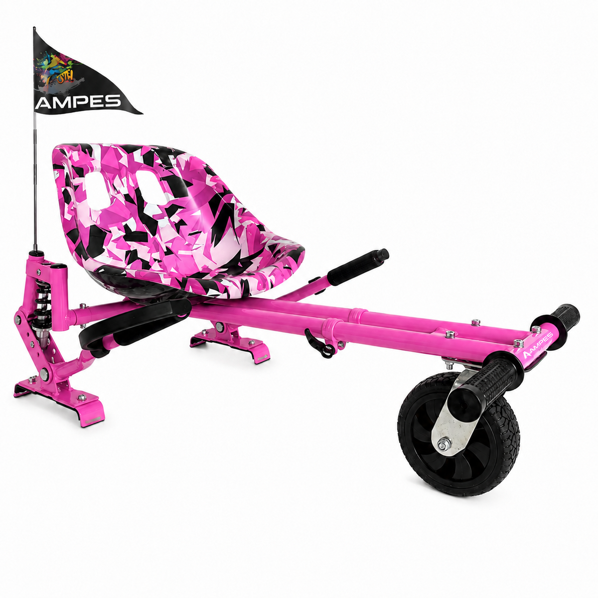Kart per hoverboard Rosa con ammortizzatori – vista frontale di tre quarti, sedile mimetico rosa e ammortizzatore