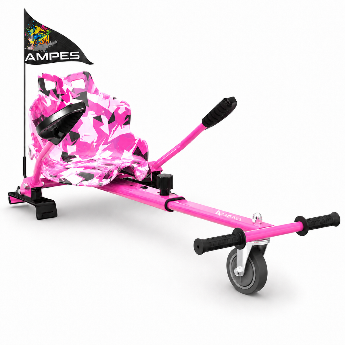 Kart per hoverboard Rosa – vista frontale di tre quarti con telaio rosa, sedile mimetico rosa e leve di guida