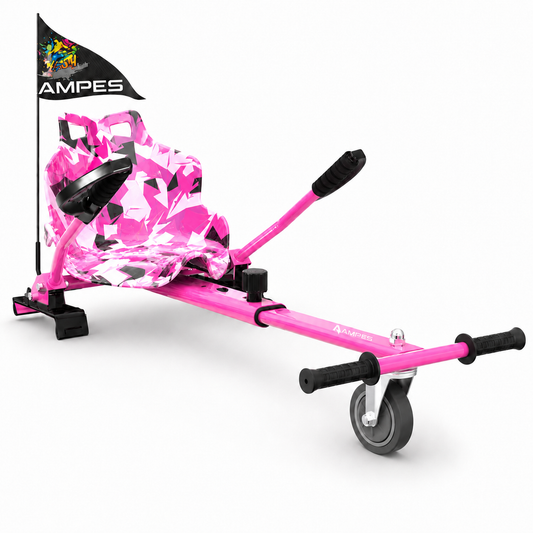 Kart per hoverboard Rosa – vista frontale di tre quarti con telaio rosa, sedile mimetico rosa e leve di guida